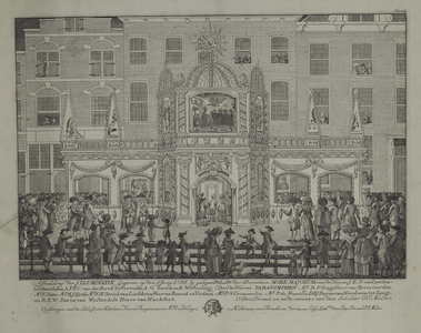 29033 Afbeelding van het met vetpotjes verlichte feestgebouw, opgericht vóór het logement Het Nieuw Kasteel van ...